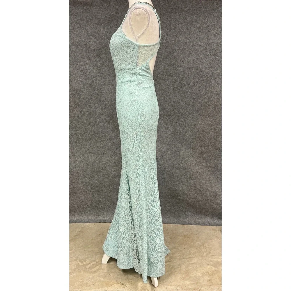 Sequin Hearts Light Blue Lace Beaded Halter Mermaid Formal Prom‎ Dress Size 7